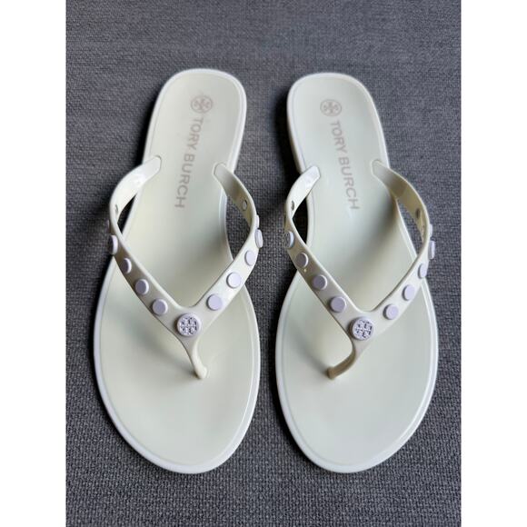 Tory Burch Perfect Ivory Studded Jelly Flip Flops Thongs Sandals Sz 9 Cream - Picture 1 of 10